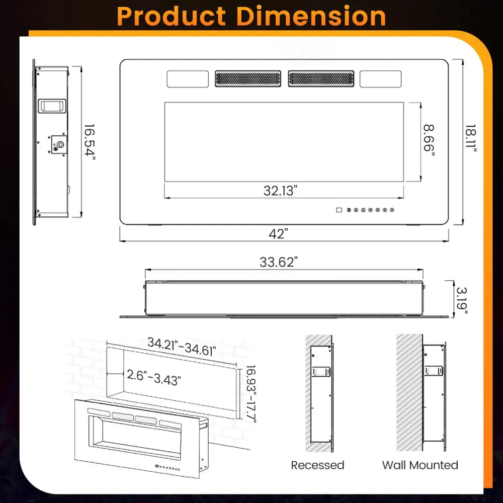 42 Inch Ultra-Thin Electric Fireplace with Decorative Crystals and Smart APP Control-42 inch - Black - Fireplaces