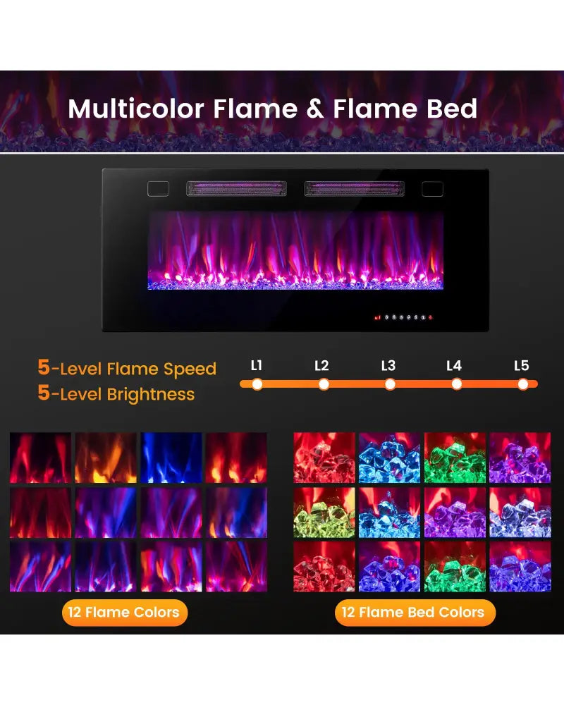 42 Inch Ultra-Thin Electric Fireplace with Decorative Crystals and Smart APP Control-42 inch - Black - Fireplaces