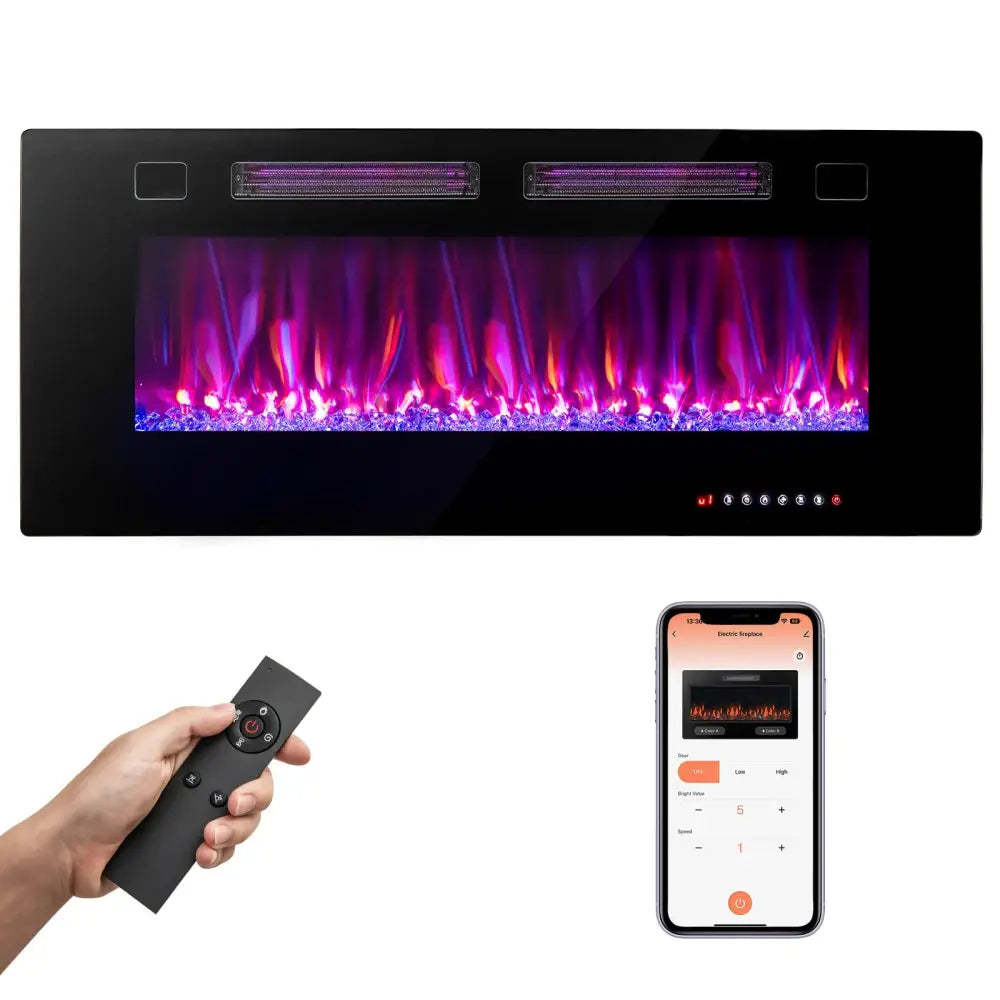 42 Inch Ultra-Thin Electric Fireplace with Decorative Crystals and Smart APP Control-42 inch - Black - Fireplaces