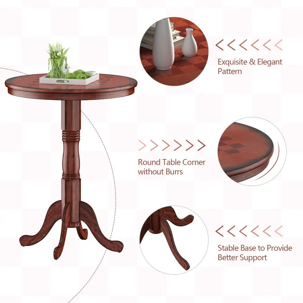 42 Inch Wooden Round Pub Pedestal Side Table with Chessboard - Brown - Bar Tables