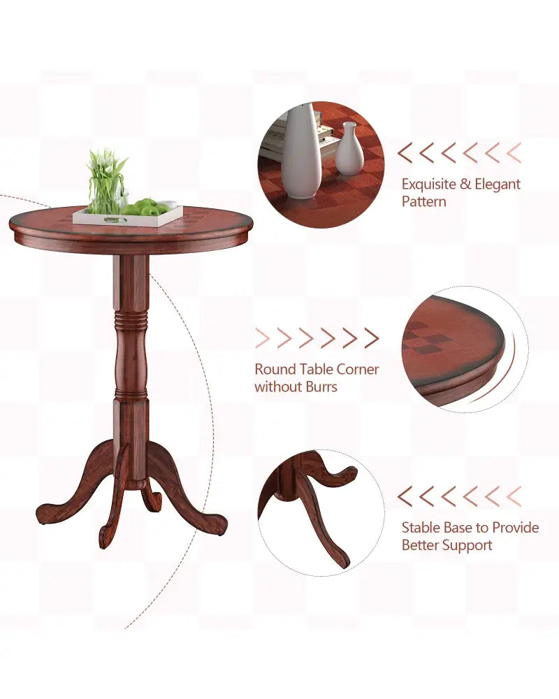 42 Inch Wooden Round Pub Pedestal Side Table with Chessboard - Brown - Bar Tables
