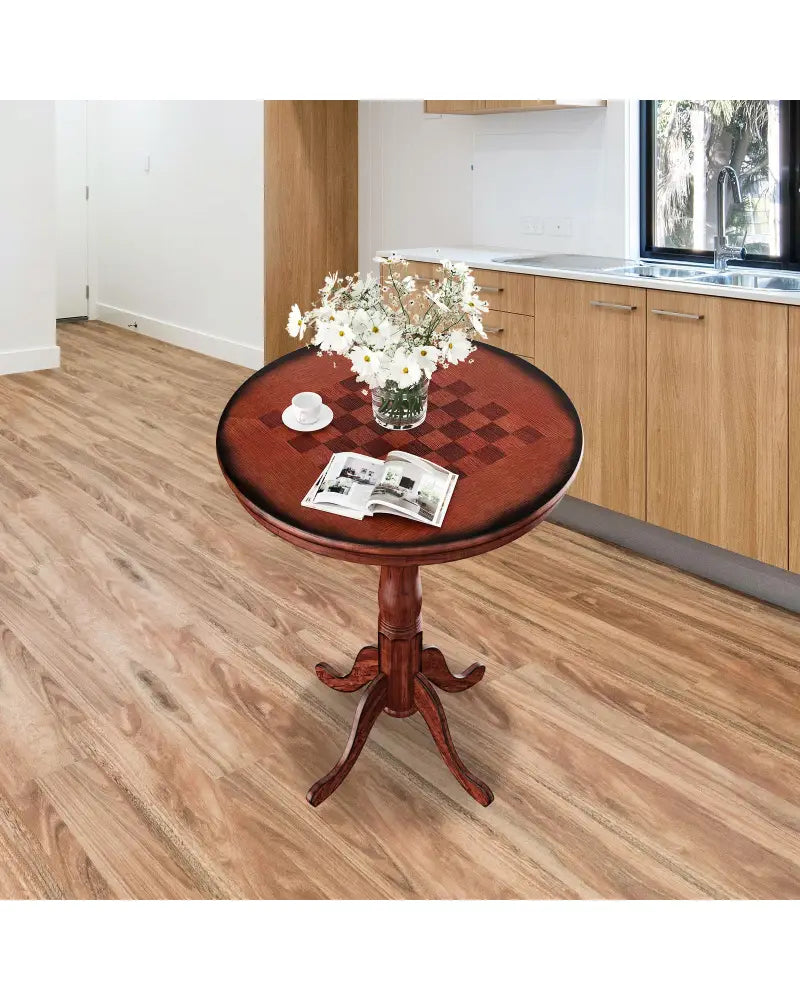 42 Inch Wooden Round Pub Pedestal Side Table with Chessboard - Brown - Bar Tables