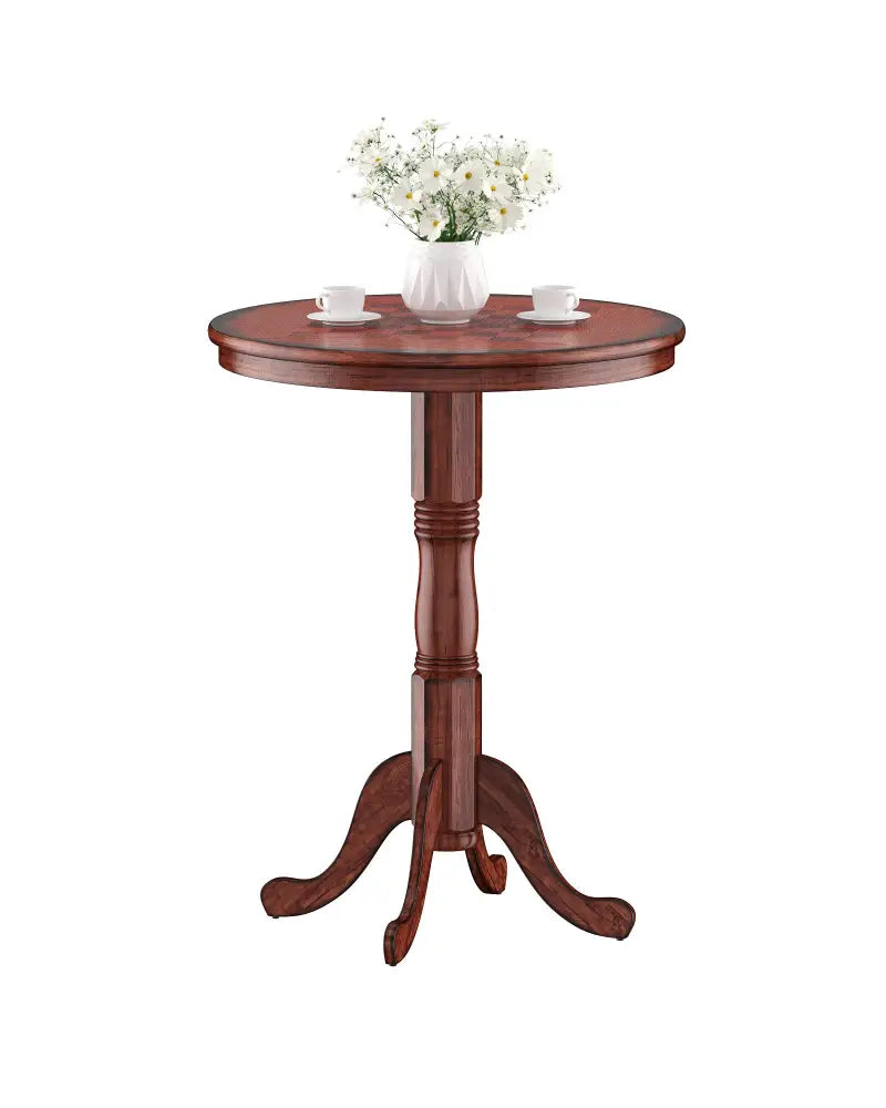 42 Inch Wooden Round Pub Pedestal Side Table with Chessboard - Brown - Bar Tables