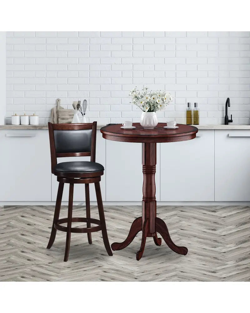 42 Inch Wooden Round Pub Pedestal Side Table with Chessboard - Brown - Bar Tables