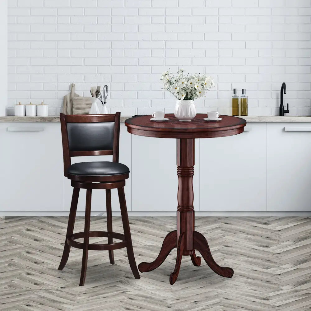42 Inch Wooden Round Pub Pedestal Side Table with Chessboard - Brown - Bar Tables