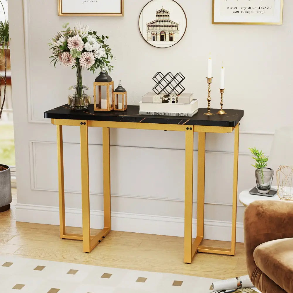 42 Inches Modern Faux Marble Entryway Table with Geometric Metal Frame-Black - Black - Console Tables