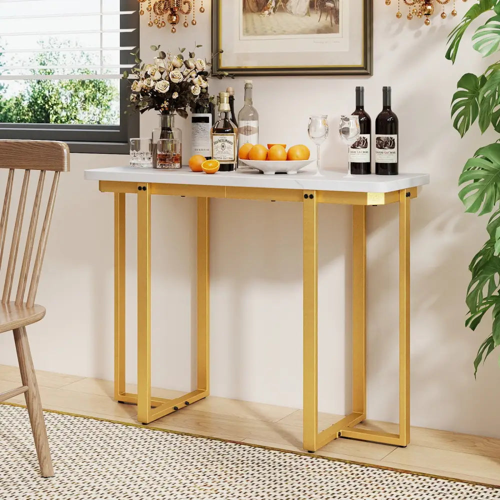 42 Inches Modern Faux Marble Entryway Table with Geometric Metal Frame-White - White - Console Tables