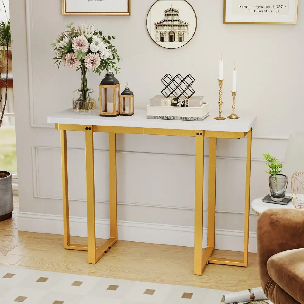 42 Inches Modern Faux Marble Entryway Table with Geometric Metal Frame-White - White - Console Tables