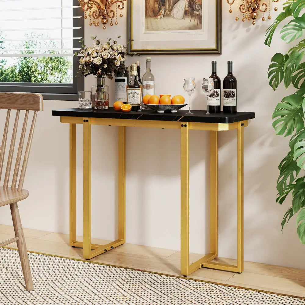 42 Inches Modern Faux Marble Entryway Table with Geometric Metal Frame-Black - Black - Console Tables