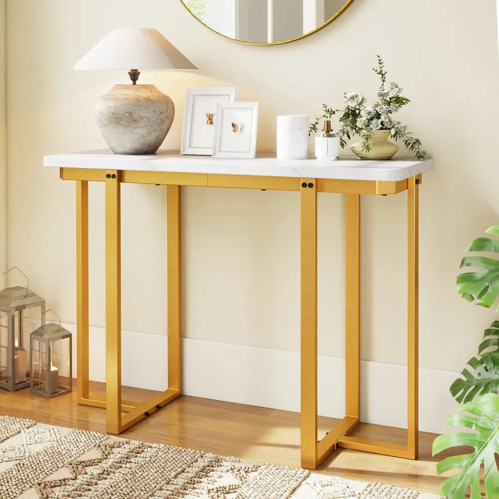 42 Inches Modern Faux Marble Entryway Table with Geometric Metal Frame-White - White - Console Tables
