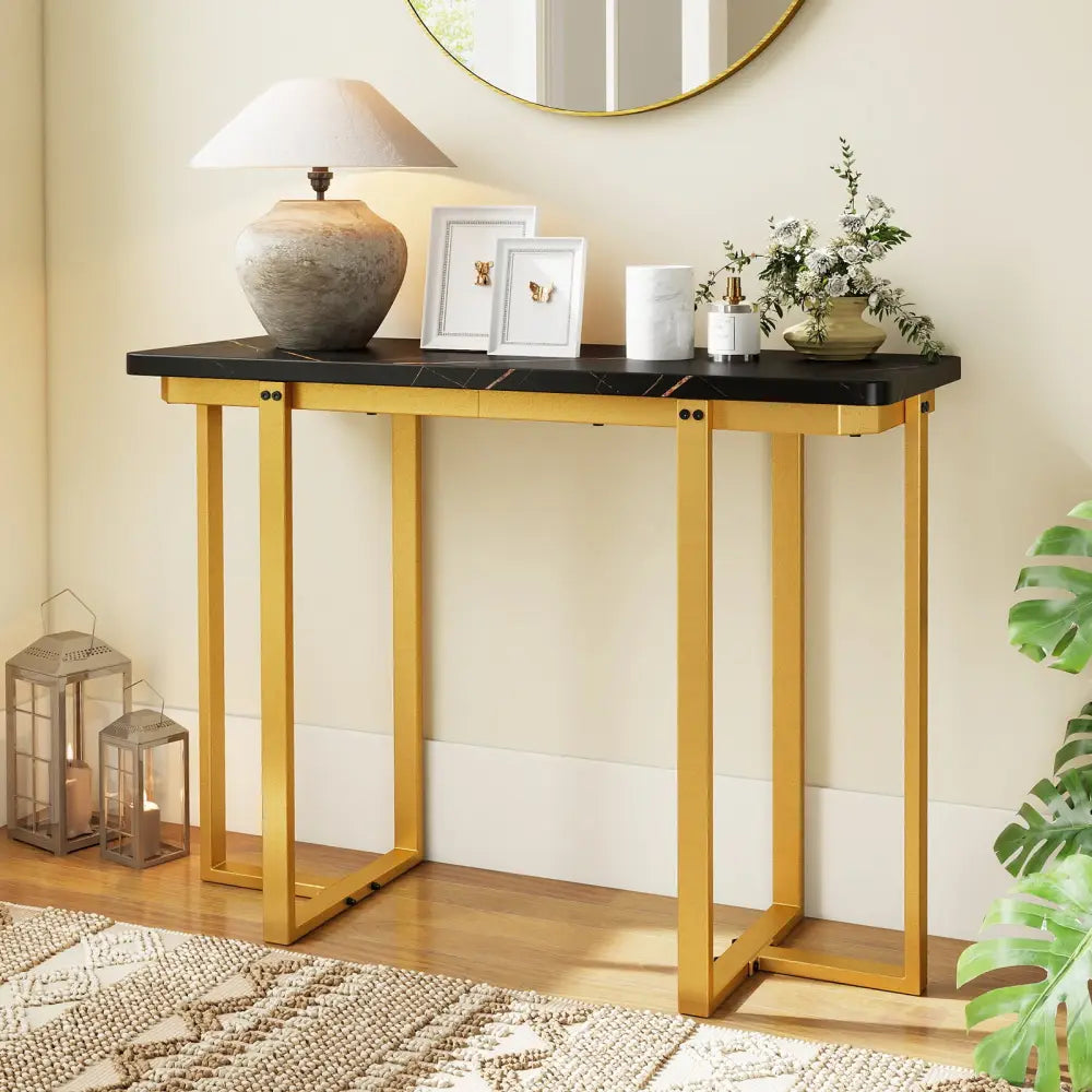 42 Inches Modern Faux Marble Entryway Table with Geometric Metal Frame-Black - Black - Console Tables