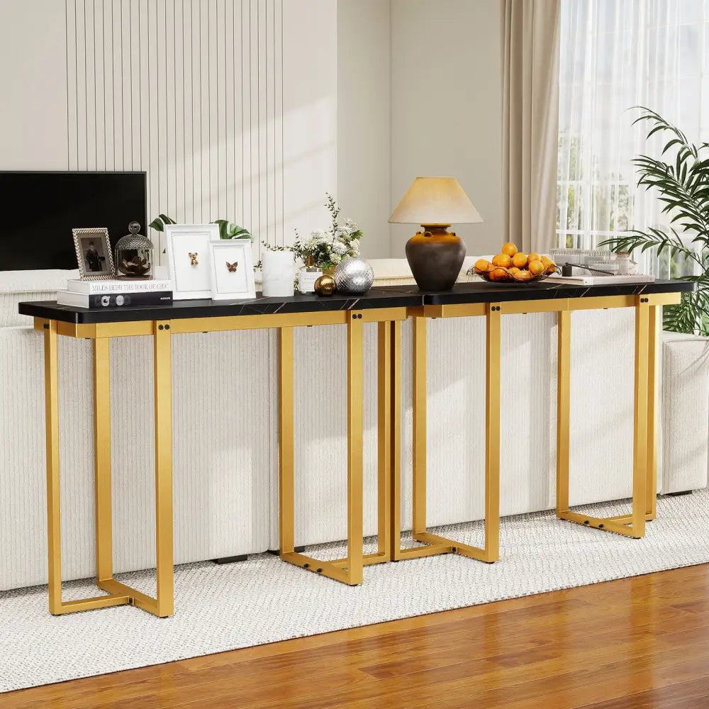42 Inches Modern Faux Marble Entryway Table with Geometric Metal Frame-Black - Black - Console Tables