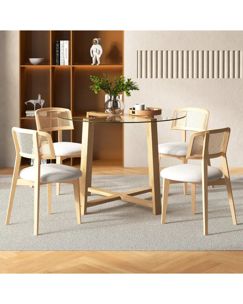 42 Inches Round Glass Dining Table with Tempered Glass Tabletop and Rubber Wood Legs-Natural - Natural - Dining Tables