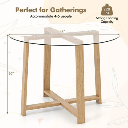 42 Inches Round Glass Dining Table with Tempered Glass Tabletop and Rubber Wood Legs-Natural Costway