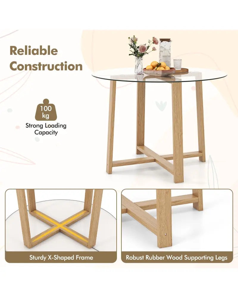 42 Inches Round Glass Dining Table with Tempered Glass Tabletop and Rubber Wood Legs-Natural - Natural - Dining Tables