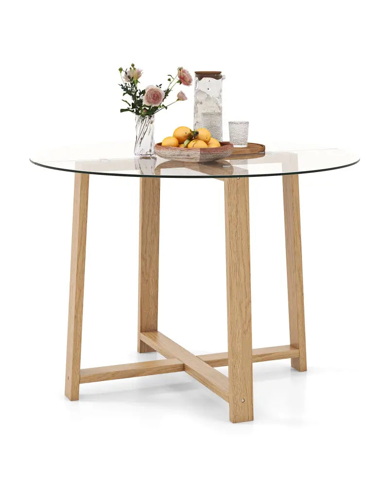 42 Inches Round Glass Dining Table with Tempered Glass Tabletop and Rubber Wood Legs-Natural - Natural - Dining Tables