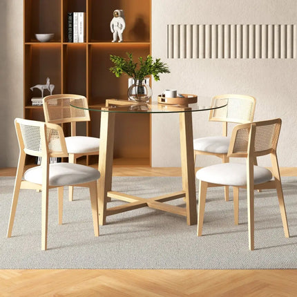 42 Inches Round Glass Dining Table with Tempered Glass Tabletop and Rubber Wood Legs-Natural Costway