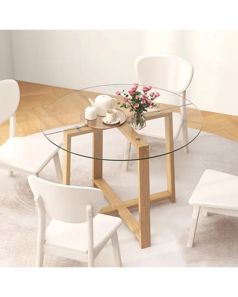 42 Inches Round Glass Dining Table with Tempered Glass Tabletop and Rubber Wood Legs-Natural - Natural - Dining Tables