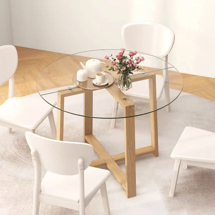 42 Inches Round Glass Dining Table with Tempered Glass Tabletop and Rubber Wood Legs-Natural Costway