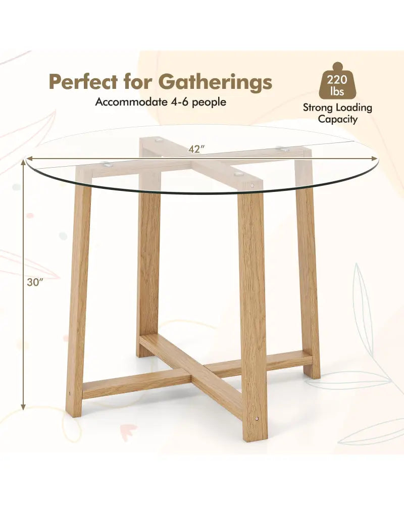 42 Inches Round Glass Dining Table with Tempered Glass Tabletop and Rubber Wood Legs-Natural - Natural - Dining Tables