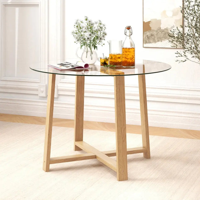 42 Inches Round Glass Dining Table with Tempered Glass Tabletop and Rubber Wood Legs-Natural Costway
