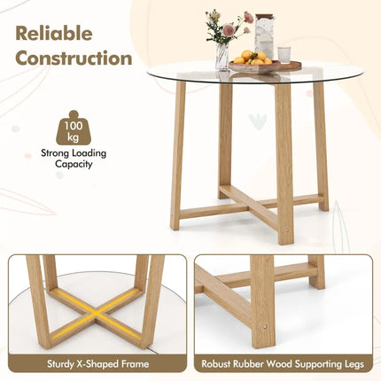 42 Inches Round Glass Dining Table with Tempered Glass Tabletop and Rubber Wood Legs-Natural Costway