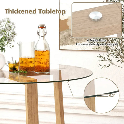 42 Inches Round Glass Dining Table with Tempered Glass Tabletop and Rubber Wood Legs-Natural Costway