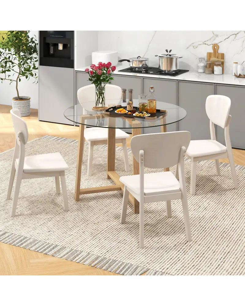 42 Inches Round Glass Dining Table with Tempered Glass Tabletop and Rubber Wood Legs-Natural - Natural - Dining Tables
