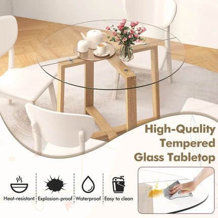 42 Inches Round Glass Dining Table with Tempered Glass Tabletop and Rubber Wood Legs-Natural Costway
