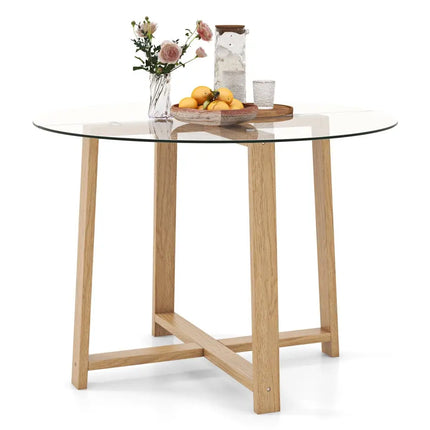 42 Inches Round Glass Dining Table with Tempered Glass Tabletop and Rubber Wood Legs-Natural Costway