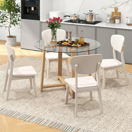 42 Inches Round Glass Dining Table with Tempered Glass Tabletop and Rubber Wood Legs-Natural Costway