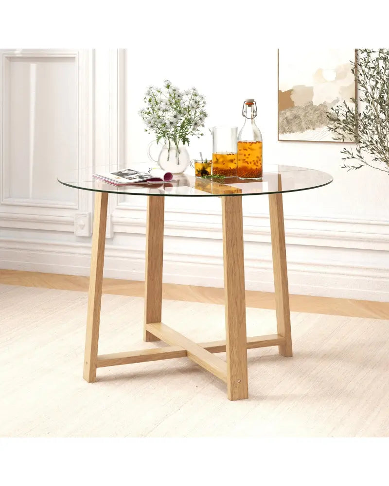 42 Inches Round Glass Dining Table with Tempered Glass Tabletop and Rubber Wood Legs-Natural - Natural - Dining Tables