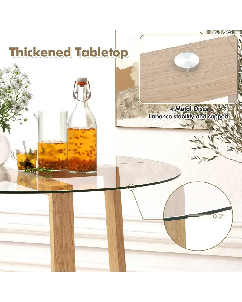 42 Inches Round Glass Dining Table with Tempered Glass Tabletop and Rubber Wood Legs-Natural - Natural - Dining Tables