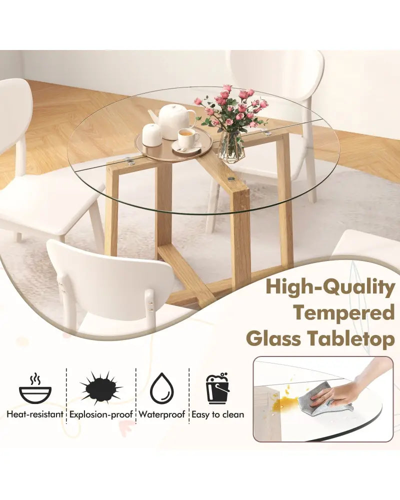 42 Inches Round Glass Dining Table with Tempered Glass Tabletop and Rubber Wood Legs-Natural - Natural - Dining Tables