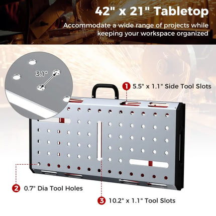 42 Inches x 21 Inches Welding Table with Adjustable Height and 2 Bar Clamps-Silver - Silver - Garages