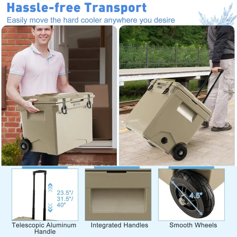 42 Quart Hard Cooler with Wheels and Handle-Tan - Tan - Coolers