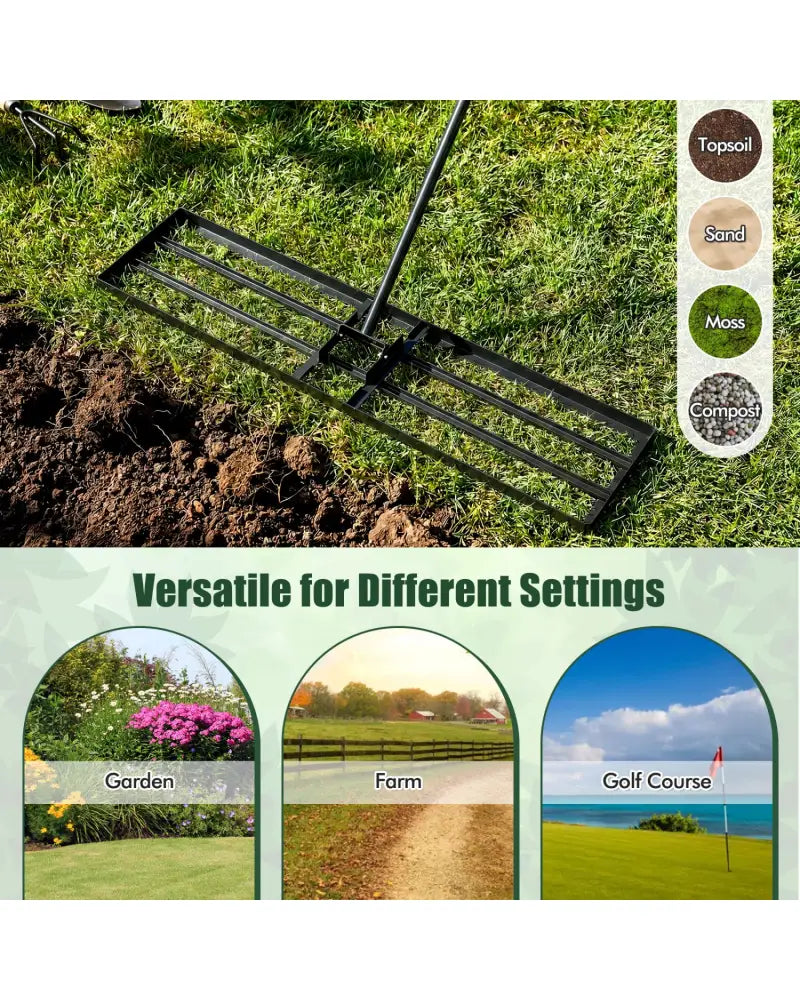 42 x 10 Inch Lawn Leveling Rake with Ergonomic Handle-Black - Black - Lawn Care Tools