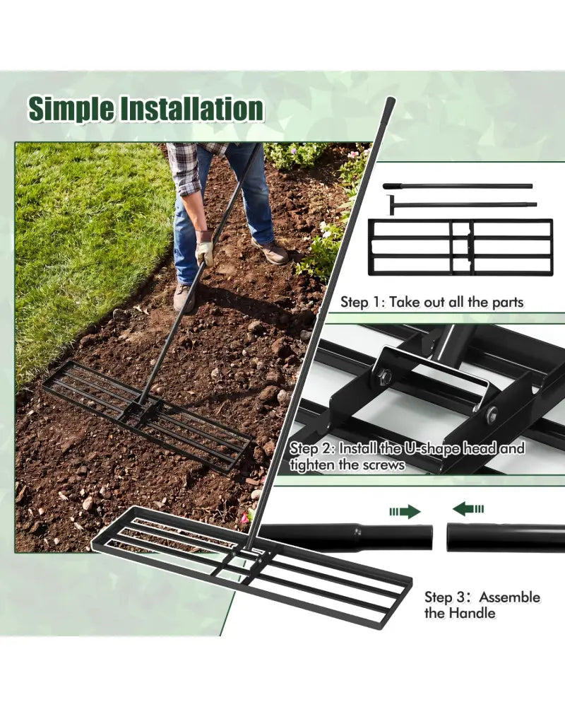 42 x 10 Inch Lawn Leveling Rake with Ergonomic Handle-Black - Black - Lawn Care Tools