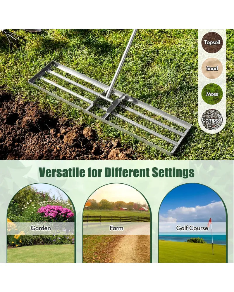 42 x 10 Inch Lawn Leveling Rake with Ergonomic Handle-Silver - Silver - Lawn Care Tools