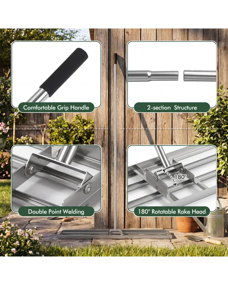 42 x 10 Inch Lawn Leveling Rake with Ergonomic Handle-Silver - Silver - Lawn Care Tools