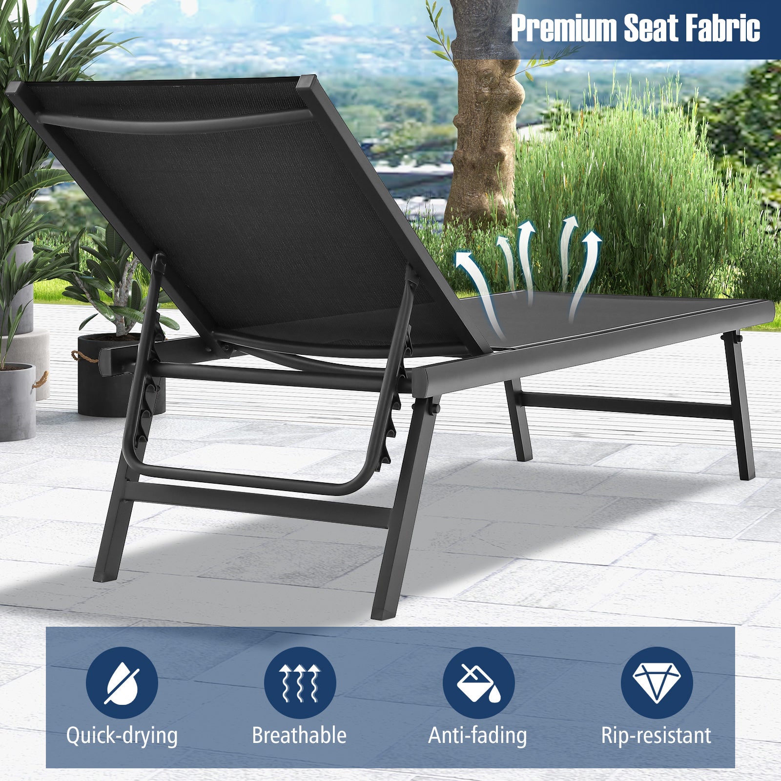 3 Pieces Patio Chaise Lounge Chair and Table Set for Poolside Yard-Black