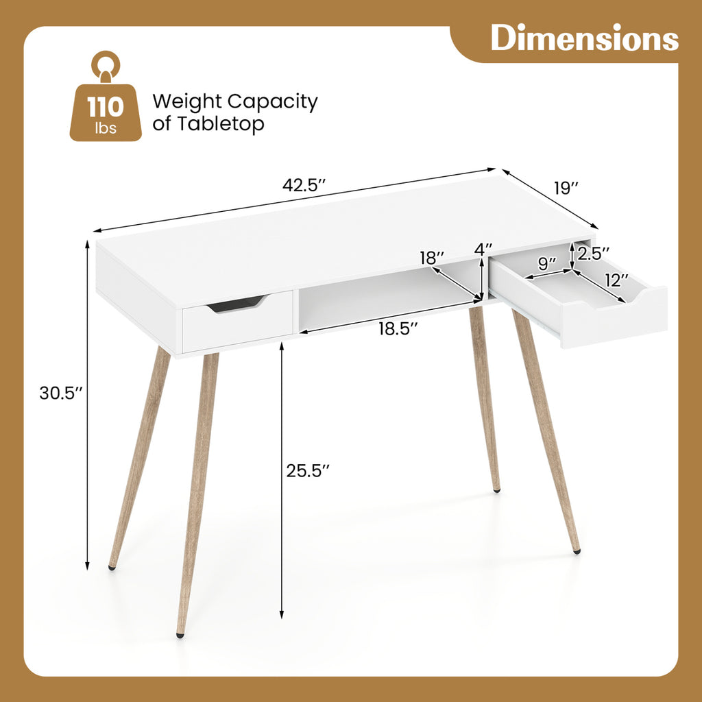 42.5" Mid Century Modern Writing Desk with Metal Leg and Drawers-White