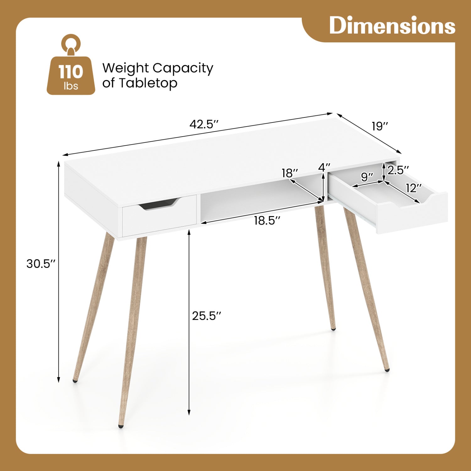 42.5" Mid Century Modern Writing Desk with Metal Leg and Drawers-White