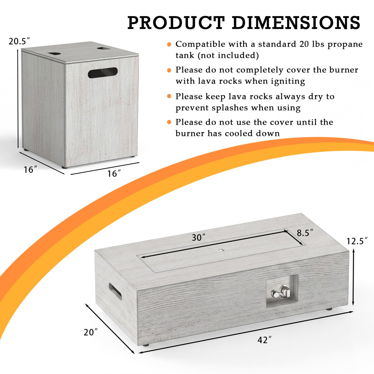 Table de foyer rectangulaire d'extérieur de 42 pouces et 50 000 BTU avec support pour bouteille de gaz