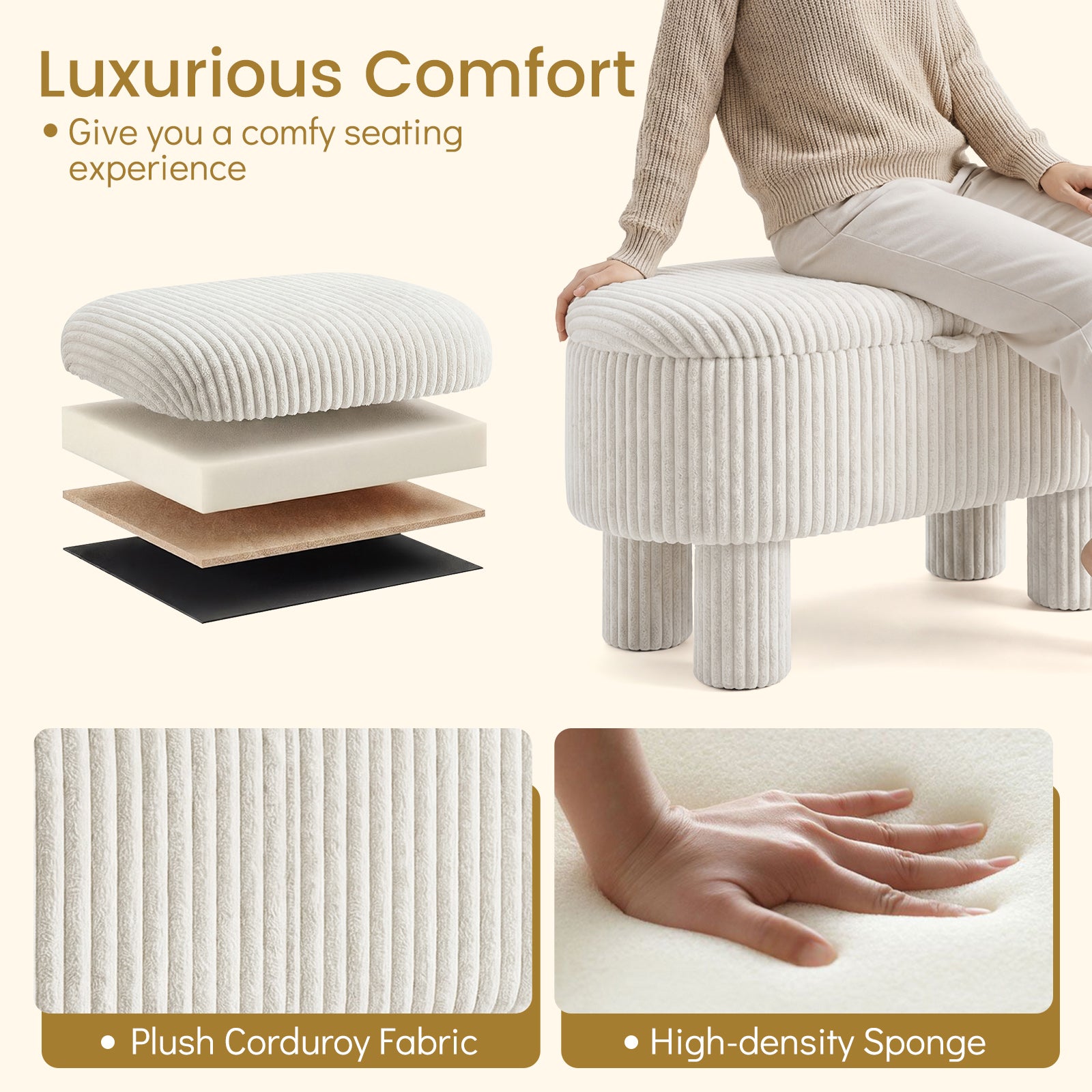 42 Inch Storage Ottoman Bench Corduroy Fabric Upholstered Foot Stool-Beige