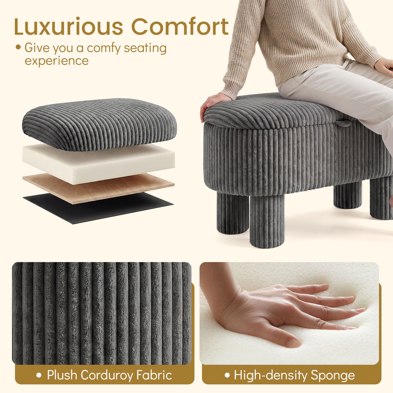 42 Inch Storage Ottoman Bench Corduroy Fabric Upholstered Foot Stool-Gray