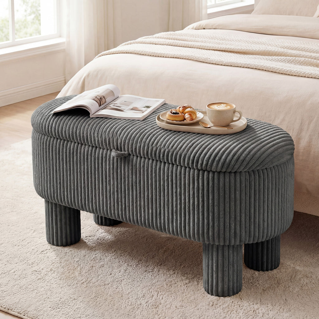 42 Inch Storage Ottoman Bench Corduroy Fabric Upholstered Foot Stool-Gray
