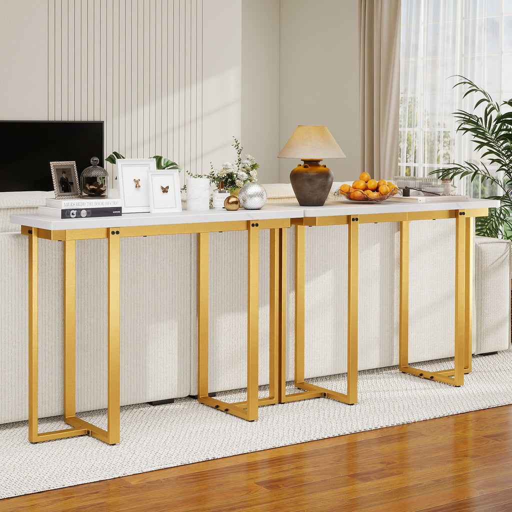 Console d'entrée moderne de 42 pouces en faux marbre avec cadre géométrique en métal - Blanc