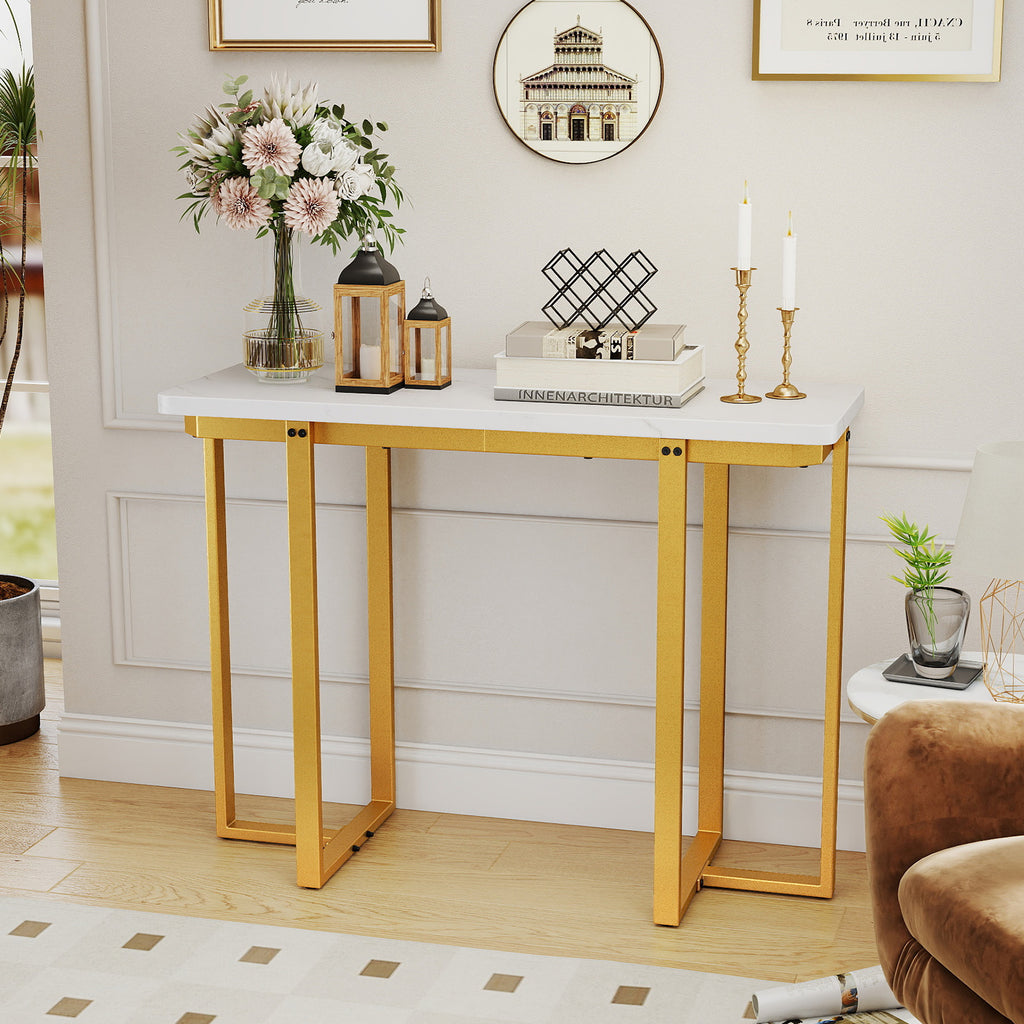 Console d'entrée moderne de 42 pouces en faux marbre avec cadre géométrique en métal - Blanc