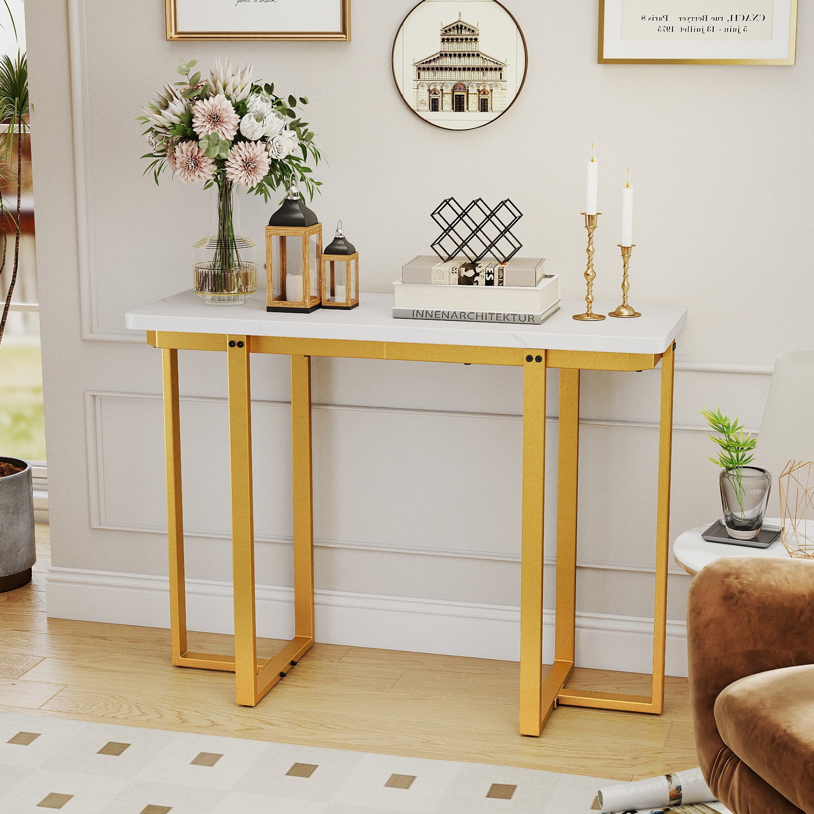Console d'entrée moderne de 42 pouces en faux marbre avec cadre géométrique en métal - Blanc